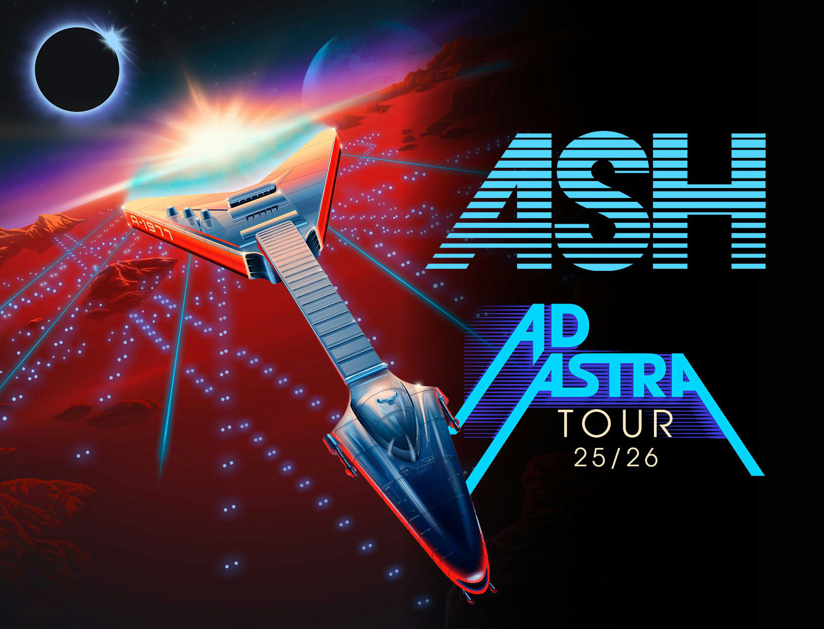 Tour poster for the Ad Astra UK/Ireland tour by Pete Lloyd of a Gibson Flying V guitar travelling through space.